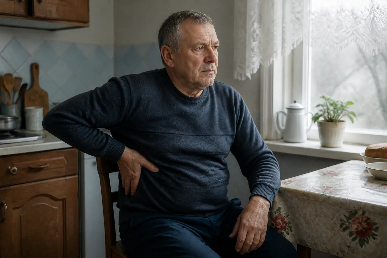 Чоловік похилого віку з болем у правому підребер'ї, що може свідчити про проблеми з печінкою