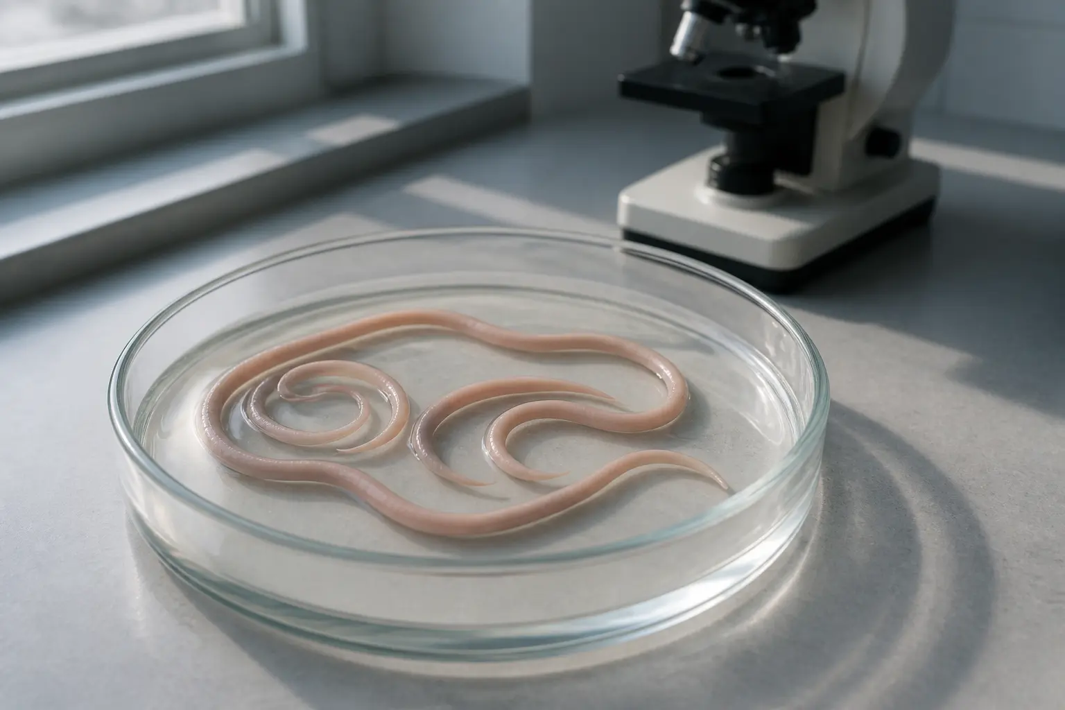Дорослі аскариди Ascaris lumbricoides у чашці Петрі