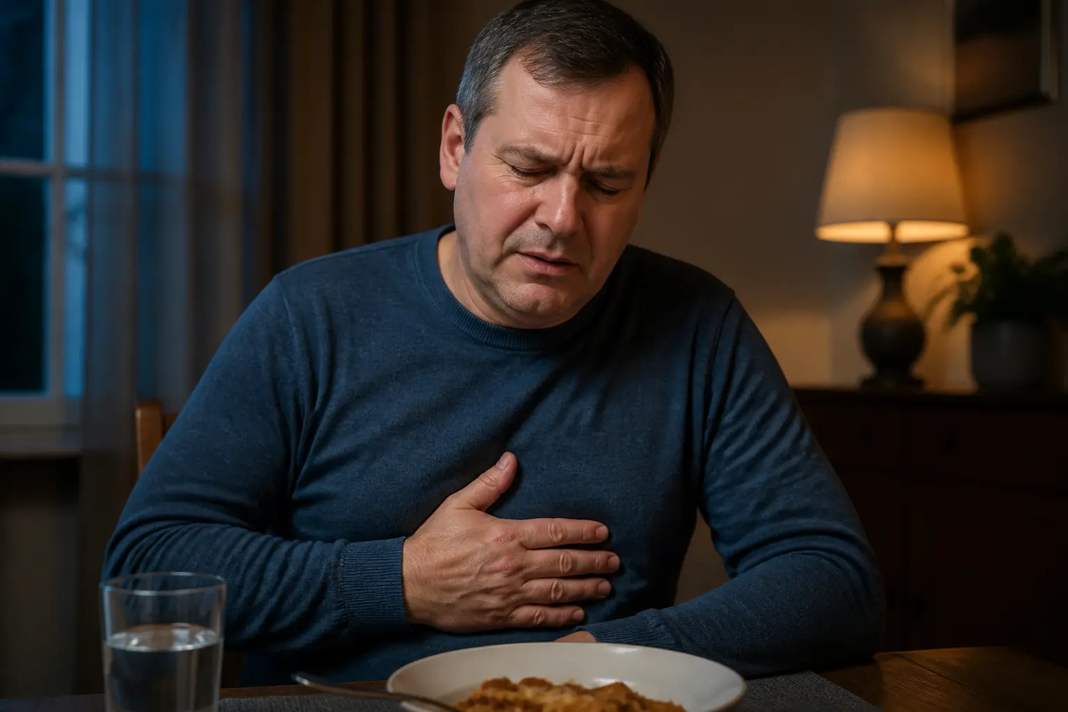 Людина з печією тримається за груди