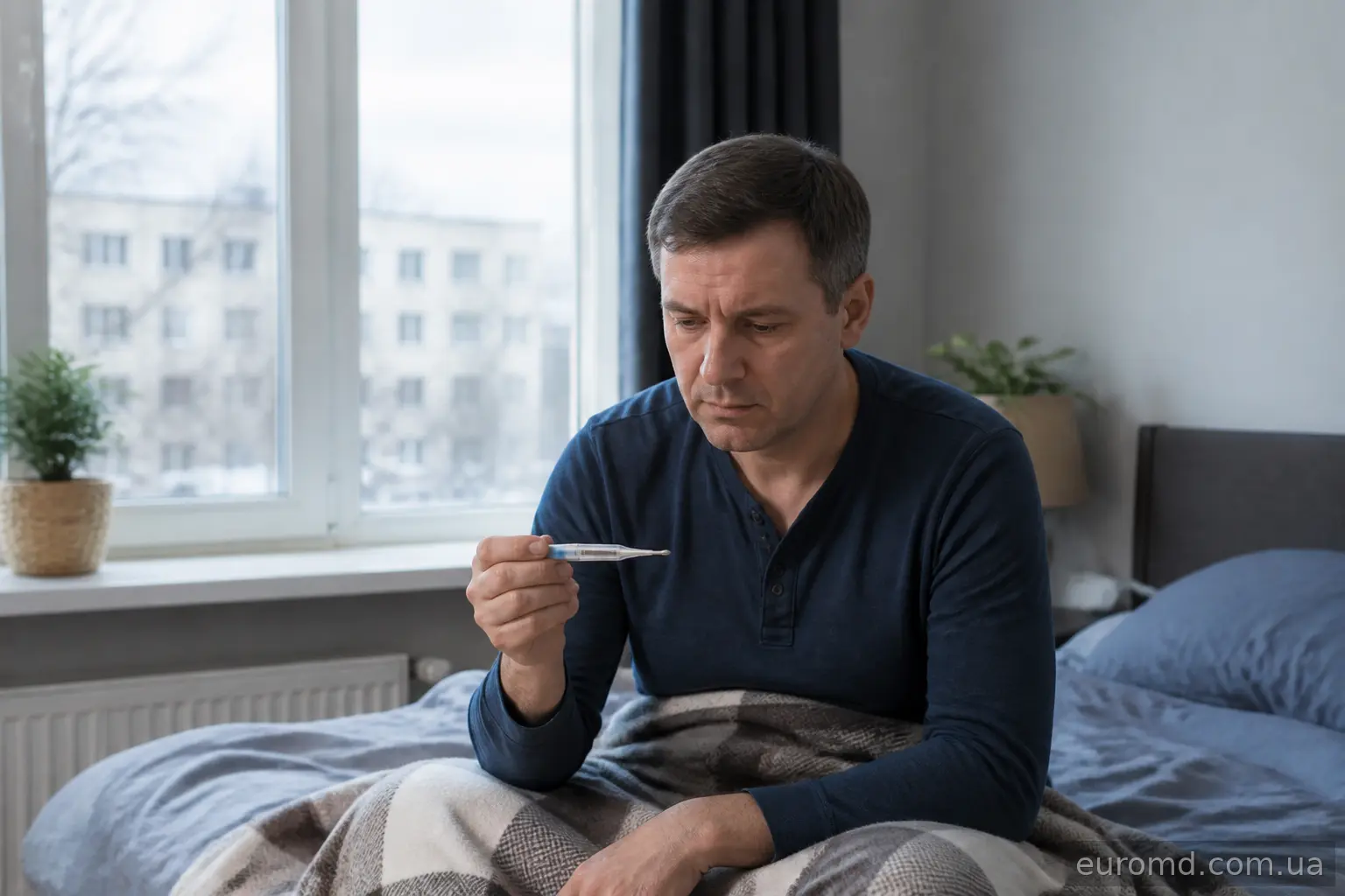 Чоловік вимірює температуру термометром, щоб відрізнити грип від ГРВІ