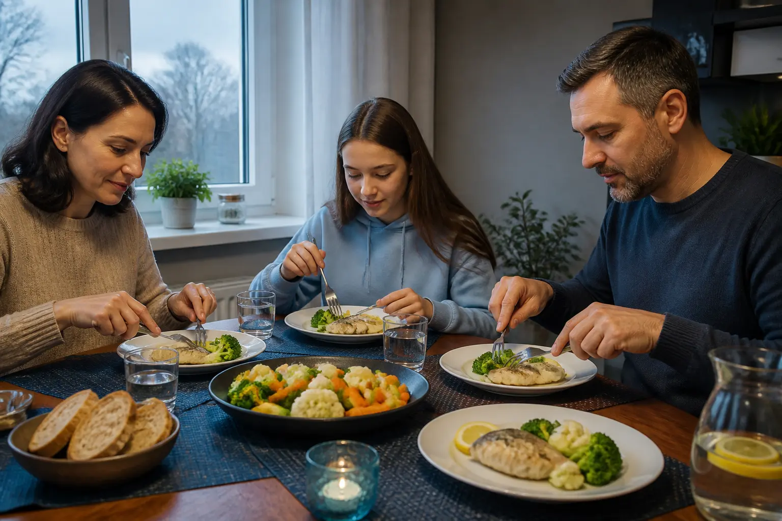 Родина вечеряє здоровою їжею вдома, демонструючи немедикаментозні методи боротьби з відрижкою.