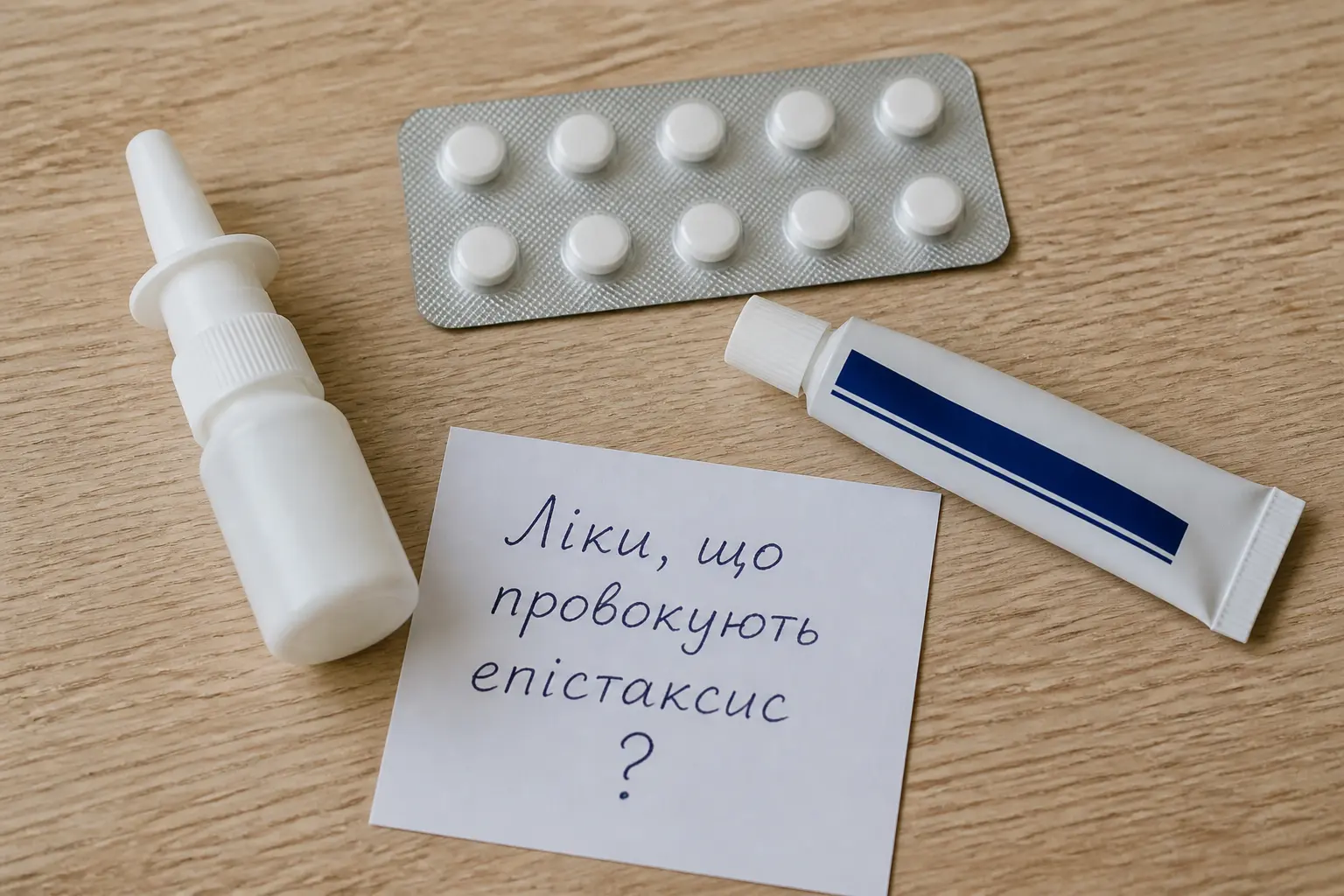 Ліки на столі: назальний спрей, таблетки, мазь, записка зі знаком питання