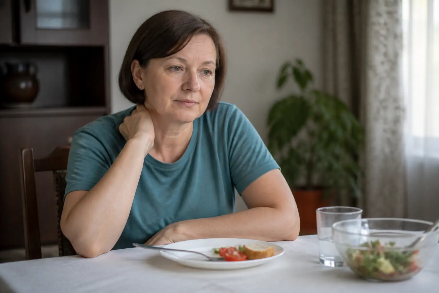 Жінка після легкого нападу демпінг-синдрому відпочиває за столом
