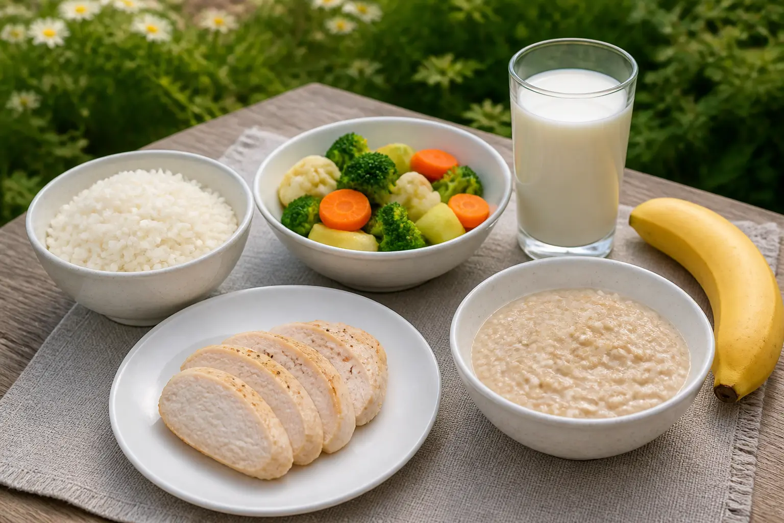 Дозволені продукти при гастродуоденіті: відварена курка, рис, овочі, банан, вівсянка, молоко
