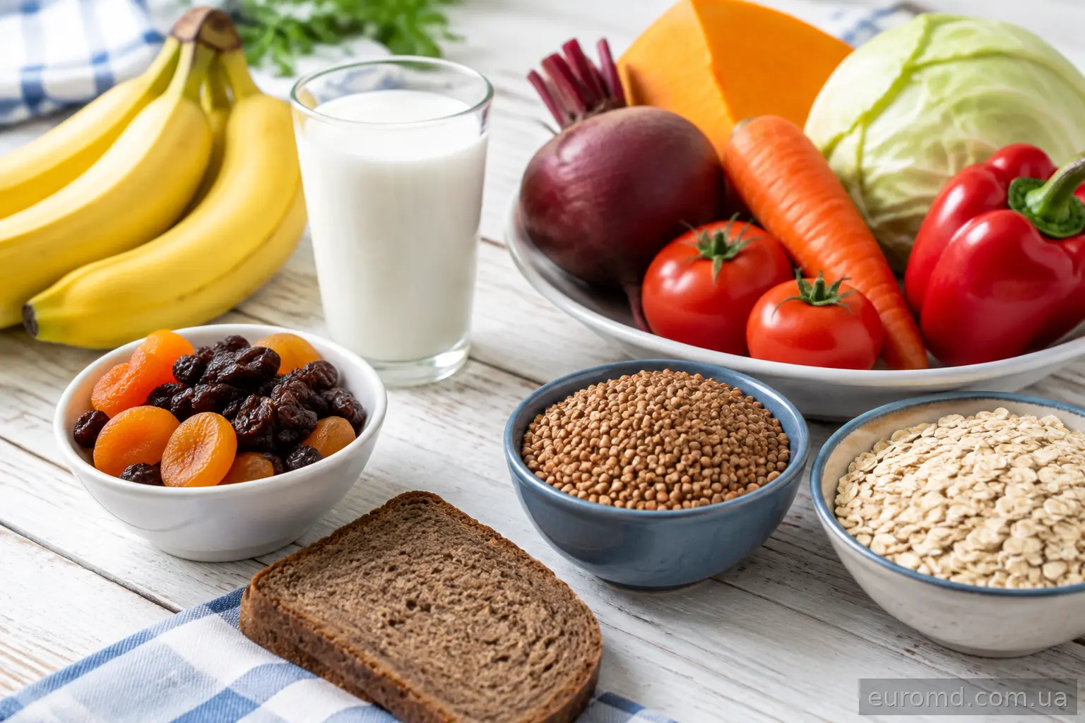 Дозволені продукти при гіпертонії: банани, сухофрукти, свіжі овочі, каші, кефір і підсушений хліб