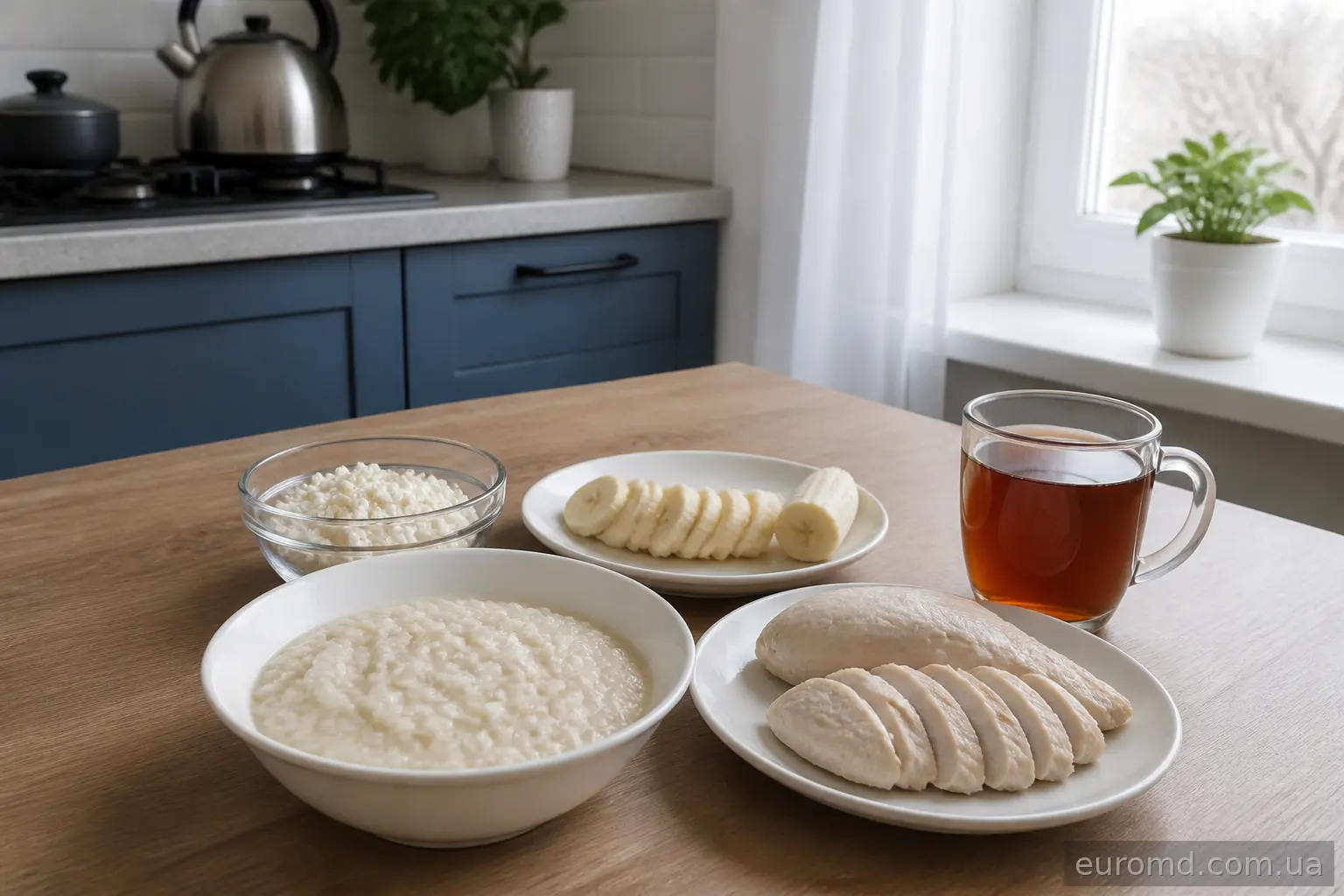 Дозволені продукти при проносі: рисова каша, куряча грудка, сир, банан, чай