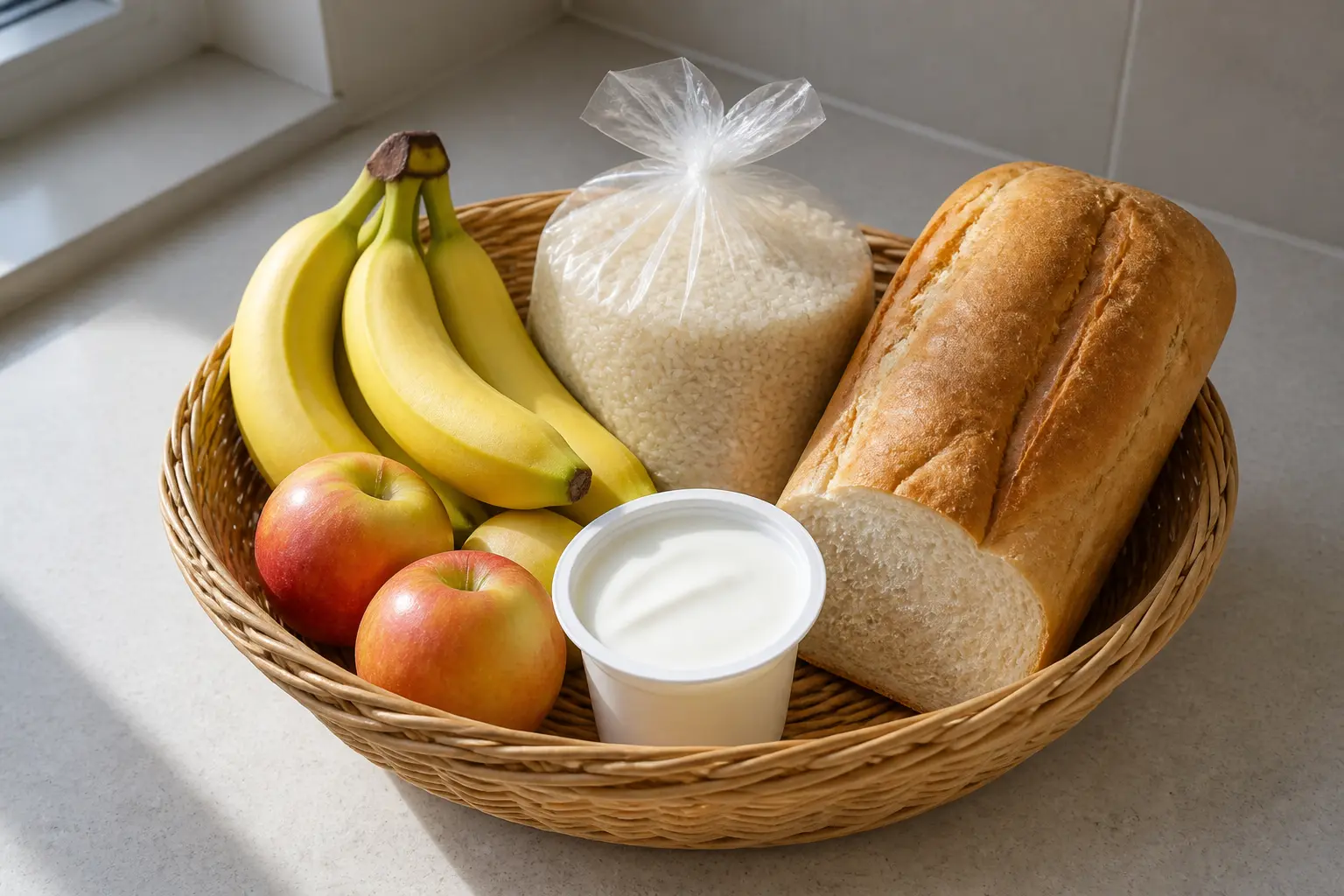 Кошик із дозволеними продуктами: банани, яблука, рис, йогурт, хліб