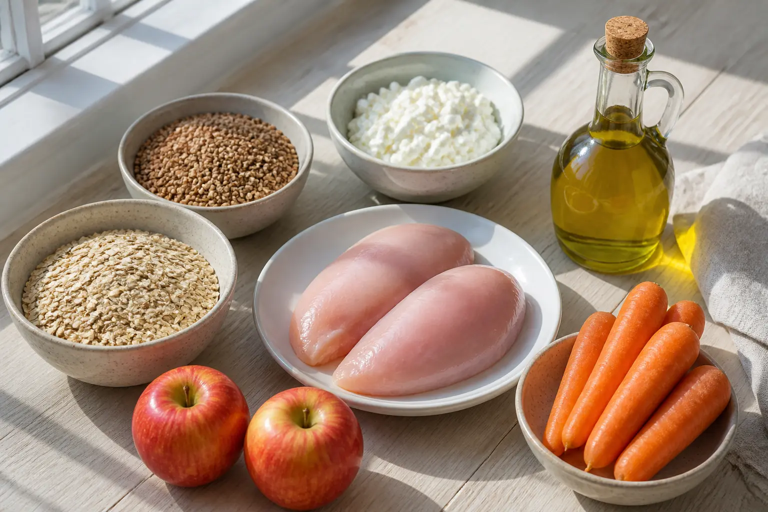 Дозволені продукти при гепатозі: вівсянка, гречка, куряча грудка, сир, яблука, оливкова олія