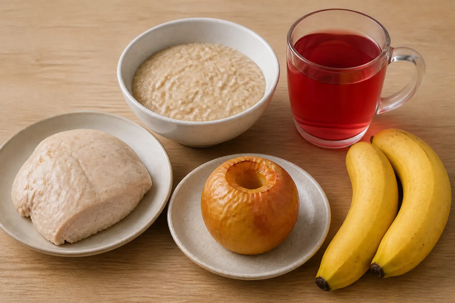 Дозволені продукти при дієті №1: курка, каша, яблуко, чай