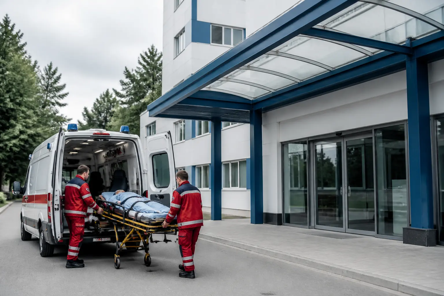 Будівля лікарні, бригада швидкої везе ноші до входу