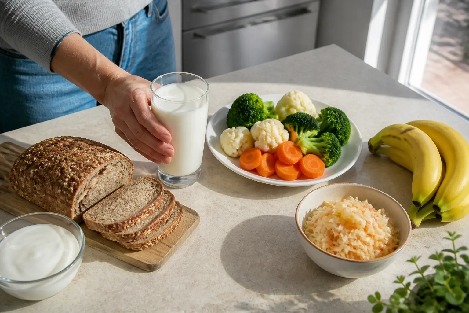 Корисні для кишечника продукти: кефір, овочі, фрукти та цільнозерновий хліб