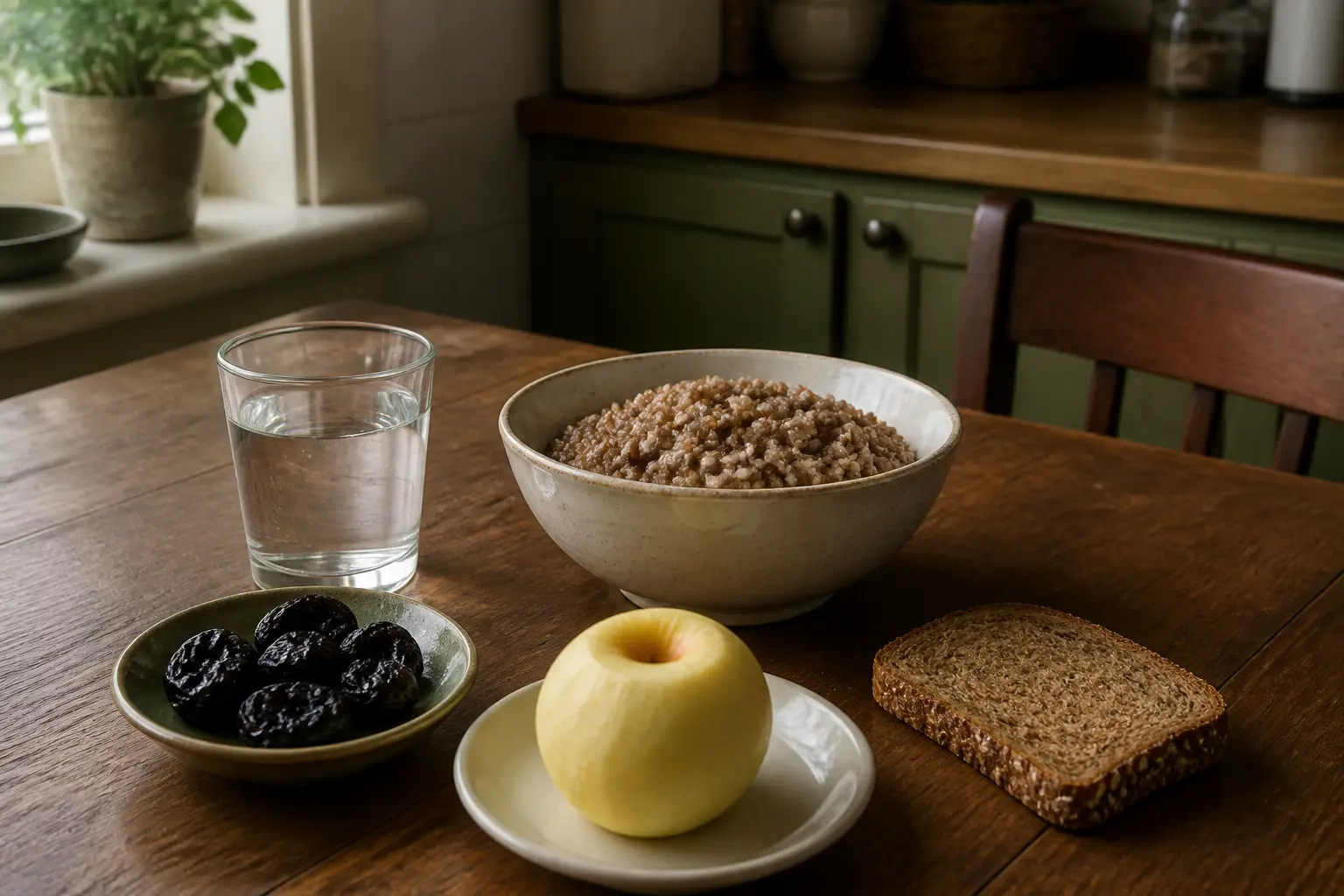Продукти для дієти при запорі: гречка, чорнослив, цільнозерновий хліб