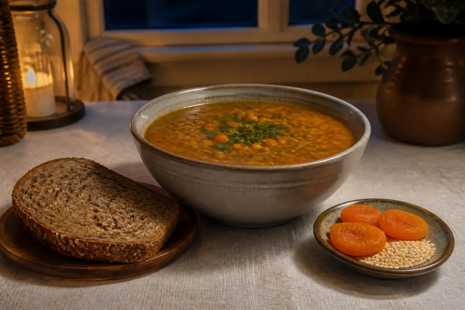 Сочевичний суп із курагою та кунжутом