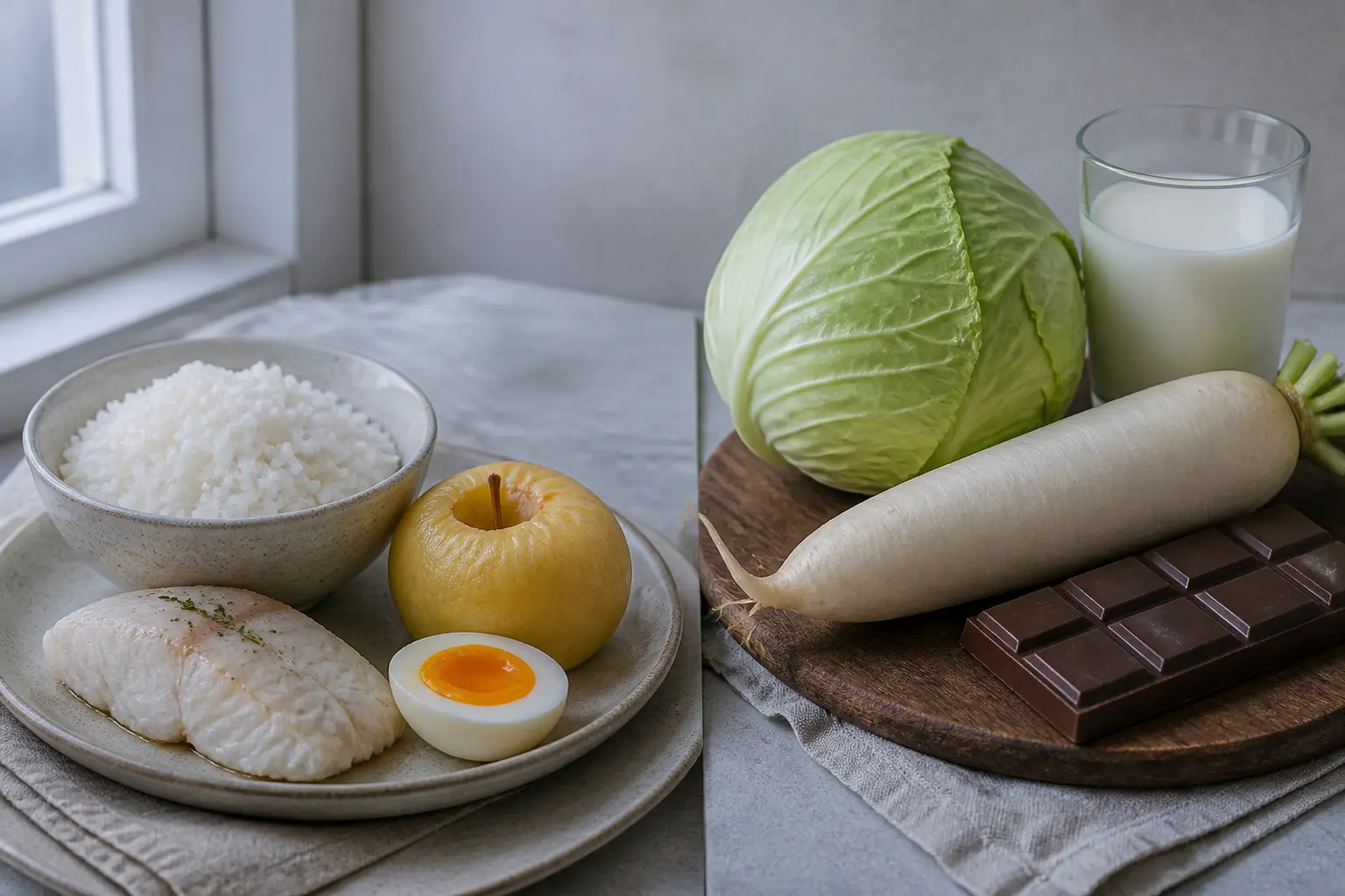 Порівняння дозволених і заборонених продуктів: рис, риба, яблуко проти капусти, редису, шоколаду