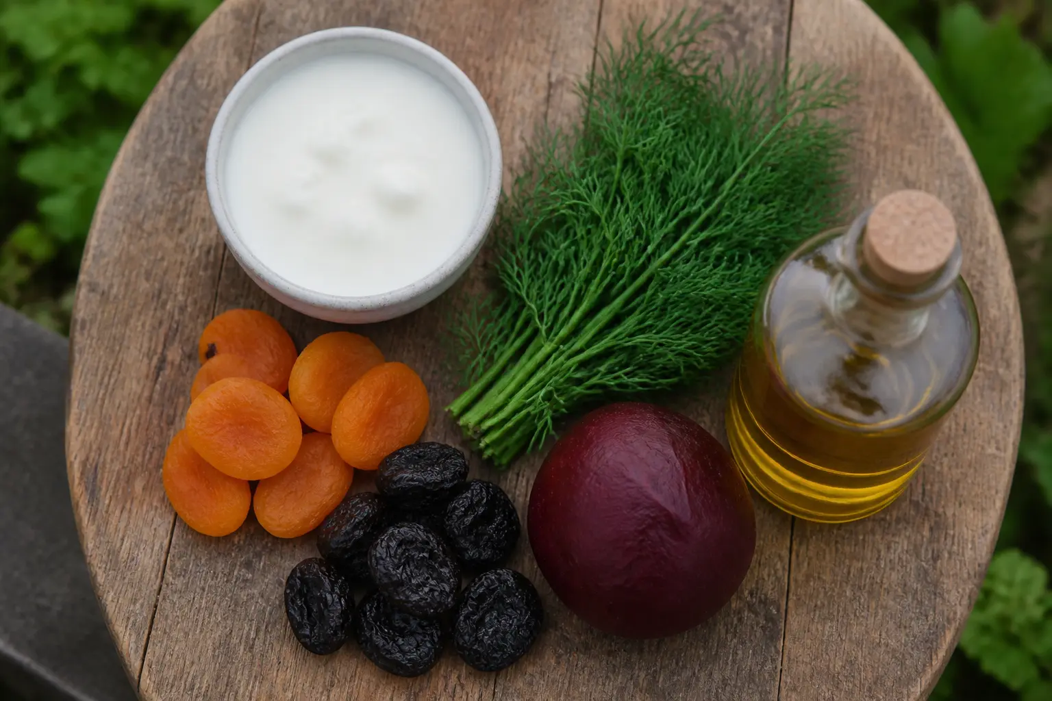 Корисні продукти при запорах: кефір, курага, чорнослив, буряк, кріп та оливкова олія на дерев'яній дошці