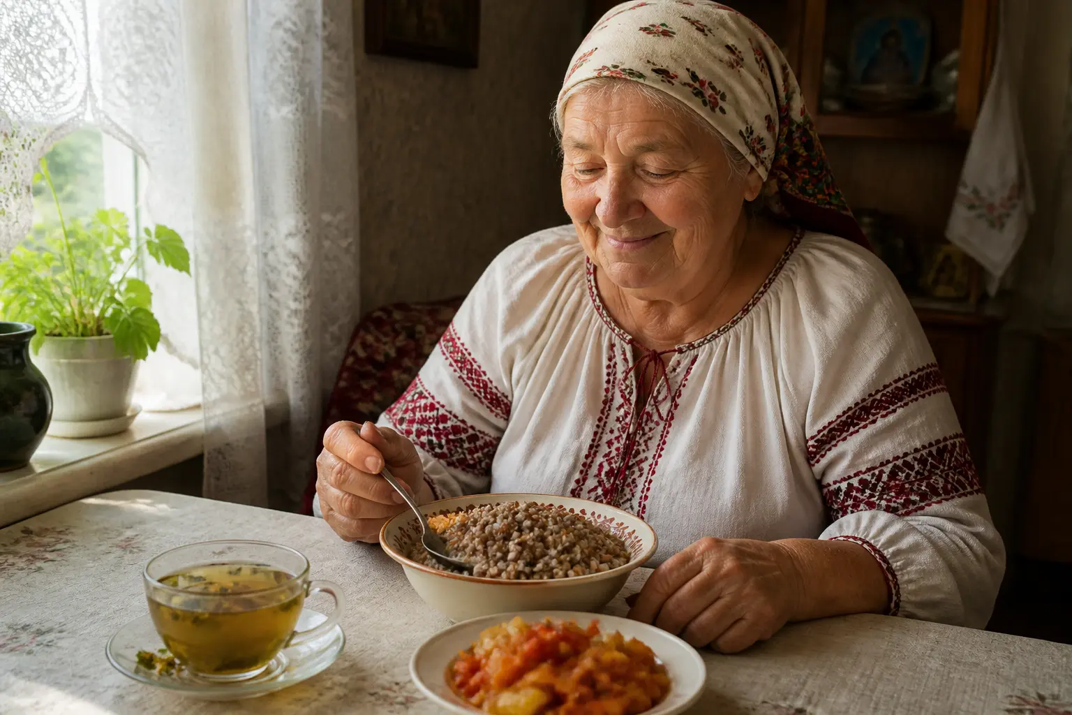 Літня жінка снідає гречаною кашею та тушкованими овочами, дотримуючись дієти при запорах