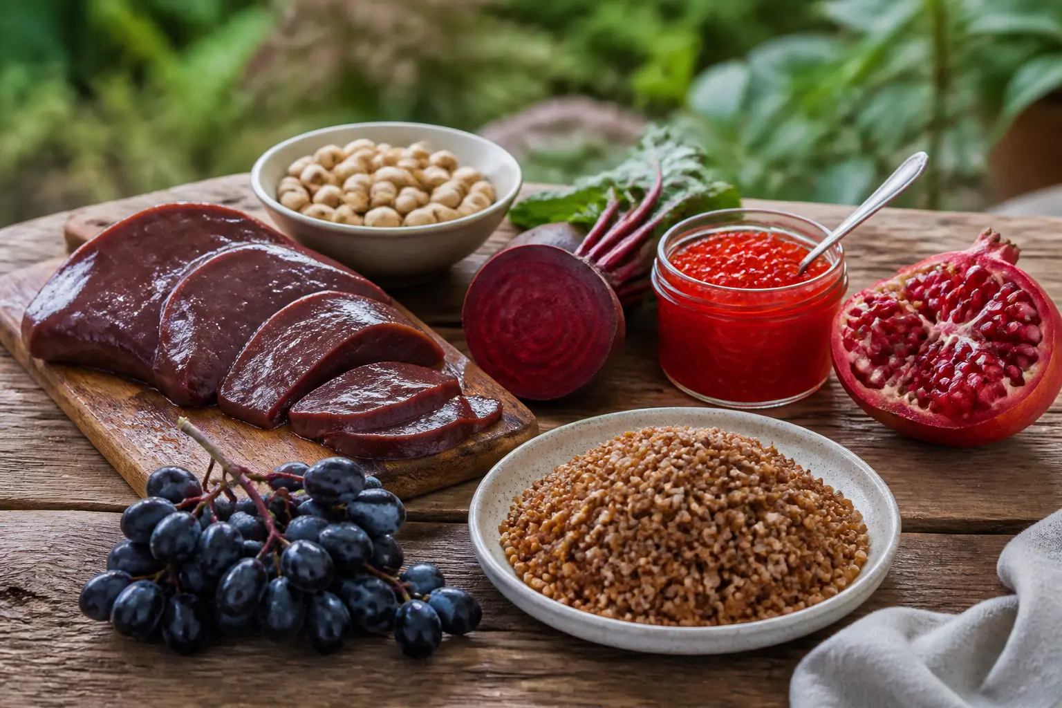 Продукти, багаті на залізо: печінка, фісташки, буряк, червона ікра, гречка, гранат, виноград