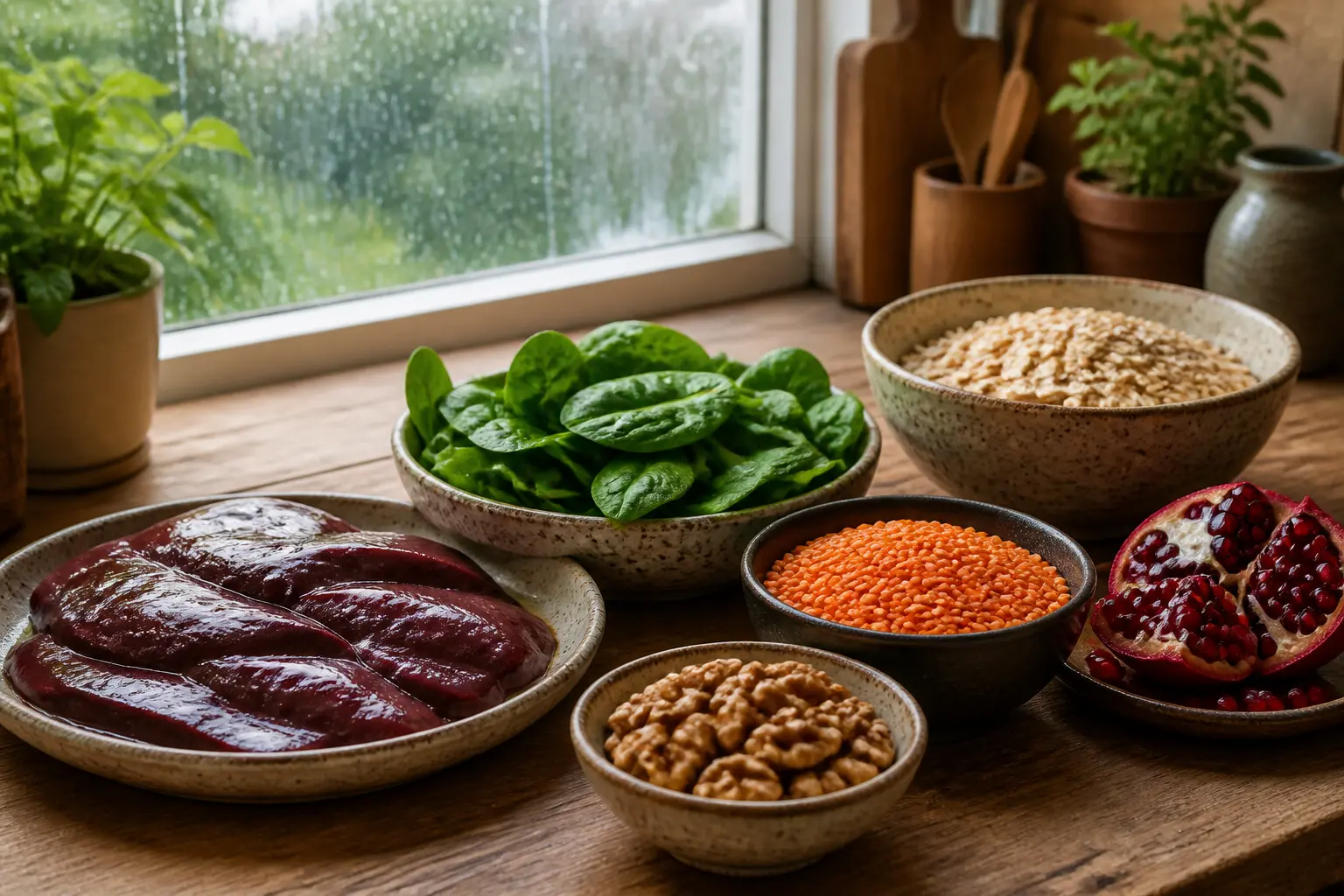 Продукти, багаті на залізо: печінка, шпинат, горіхи, гранат.