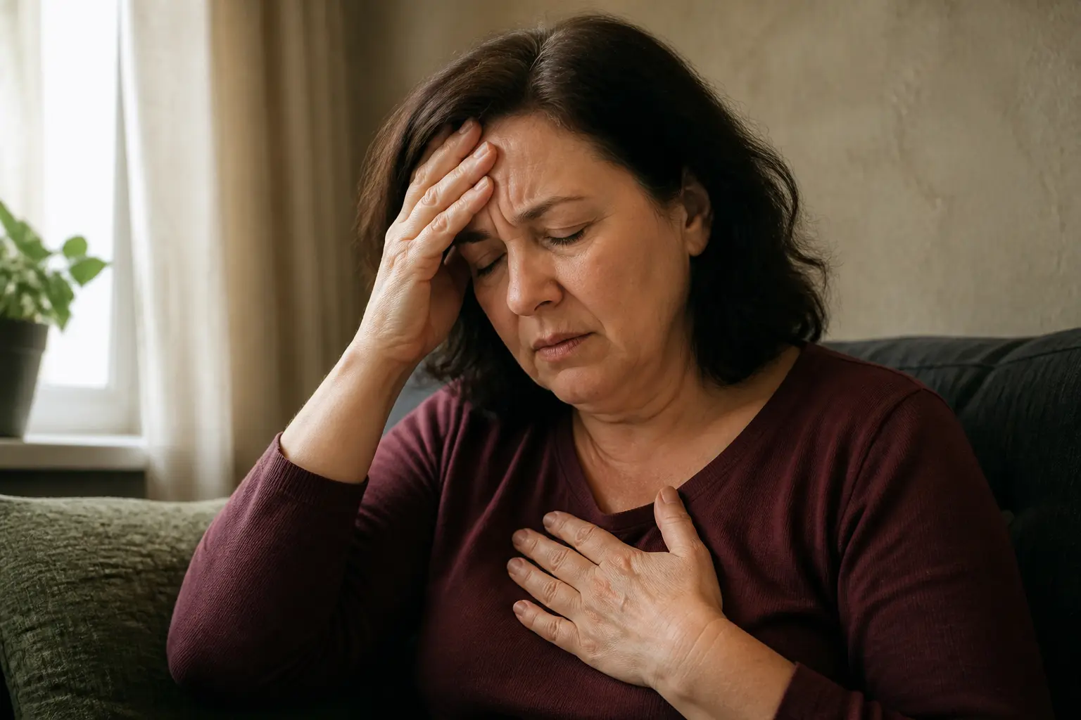 Жінка відчуває сильний головний біль та тиск у грудях — типові симптоми гіпертонічного кризу.