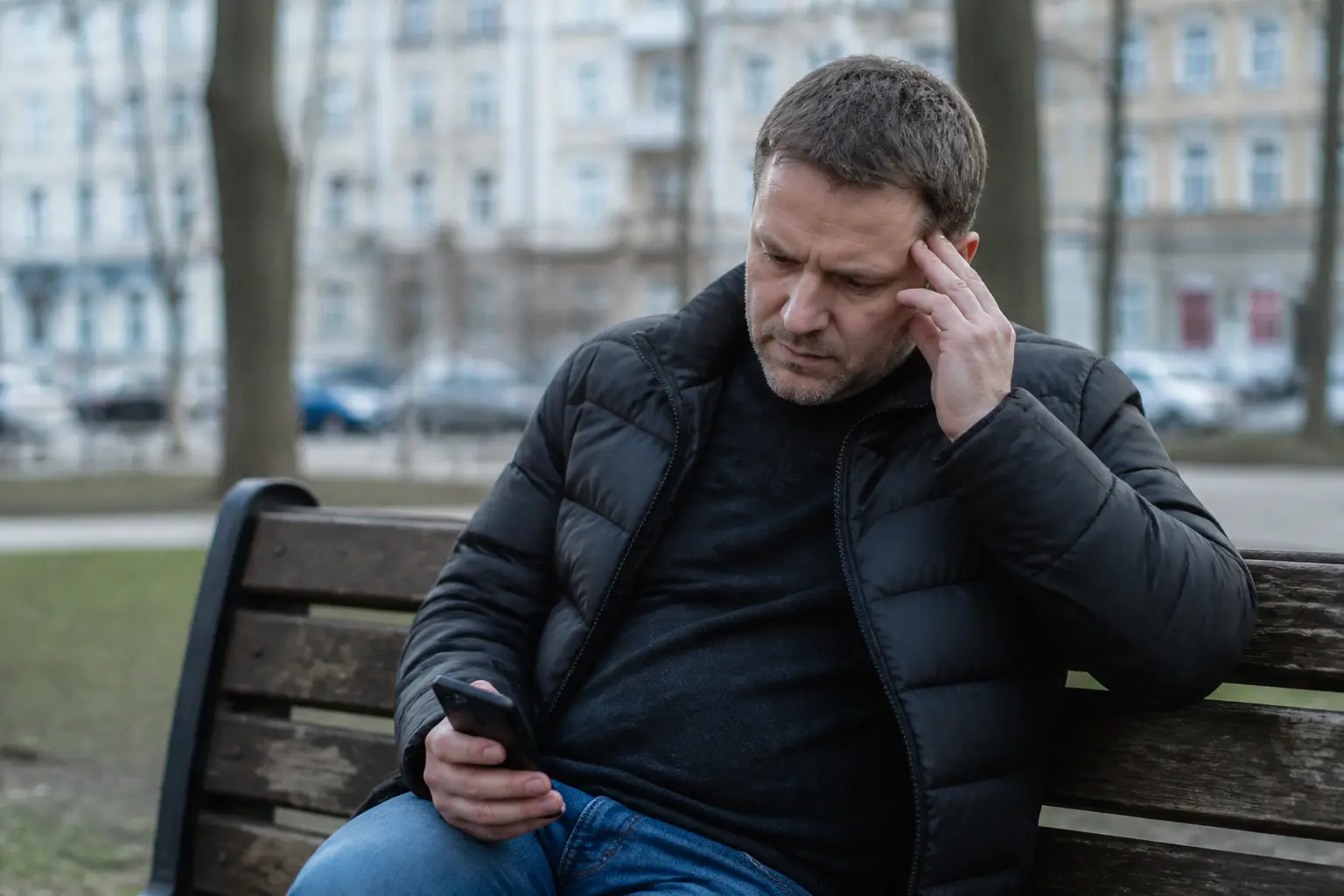 Чоловік у парку зі смартфоном