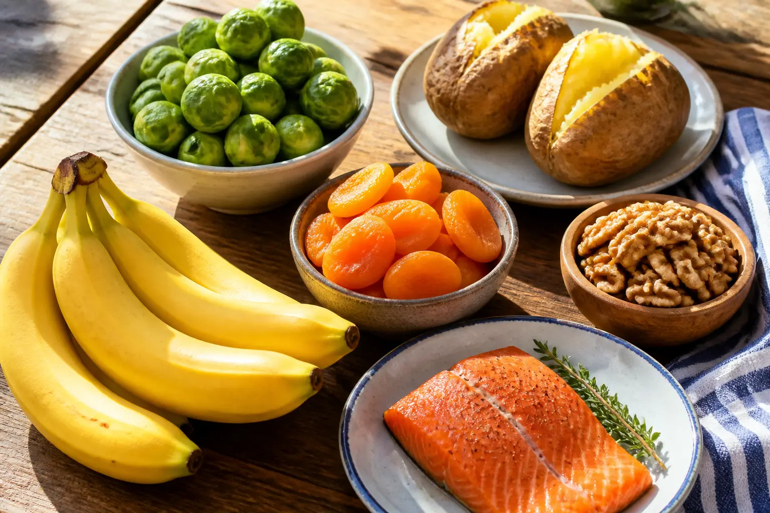 Корисні для серця продукти: банани, печена картопля, курага, горіхи, лосось та брюссельська капуста.
