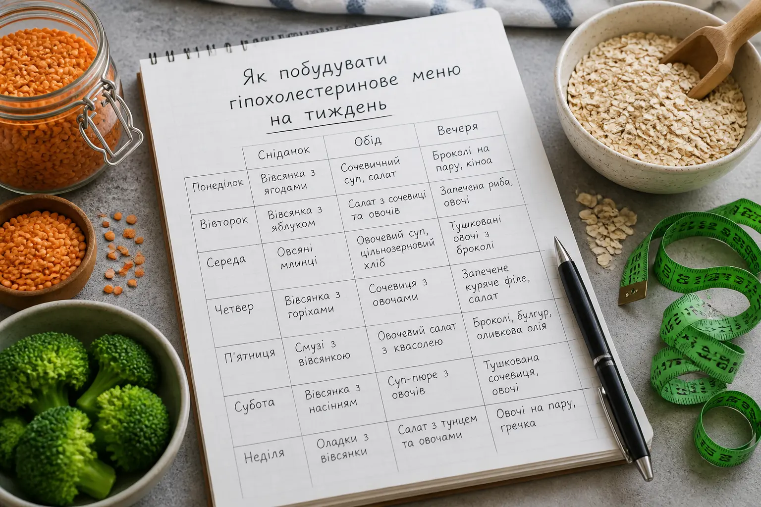 Тижневий планувальник меню з корисними продуктами для гіпертоніків