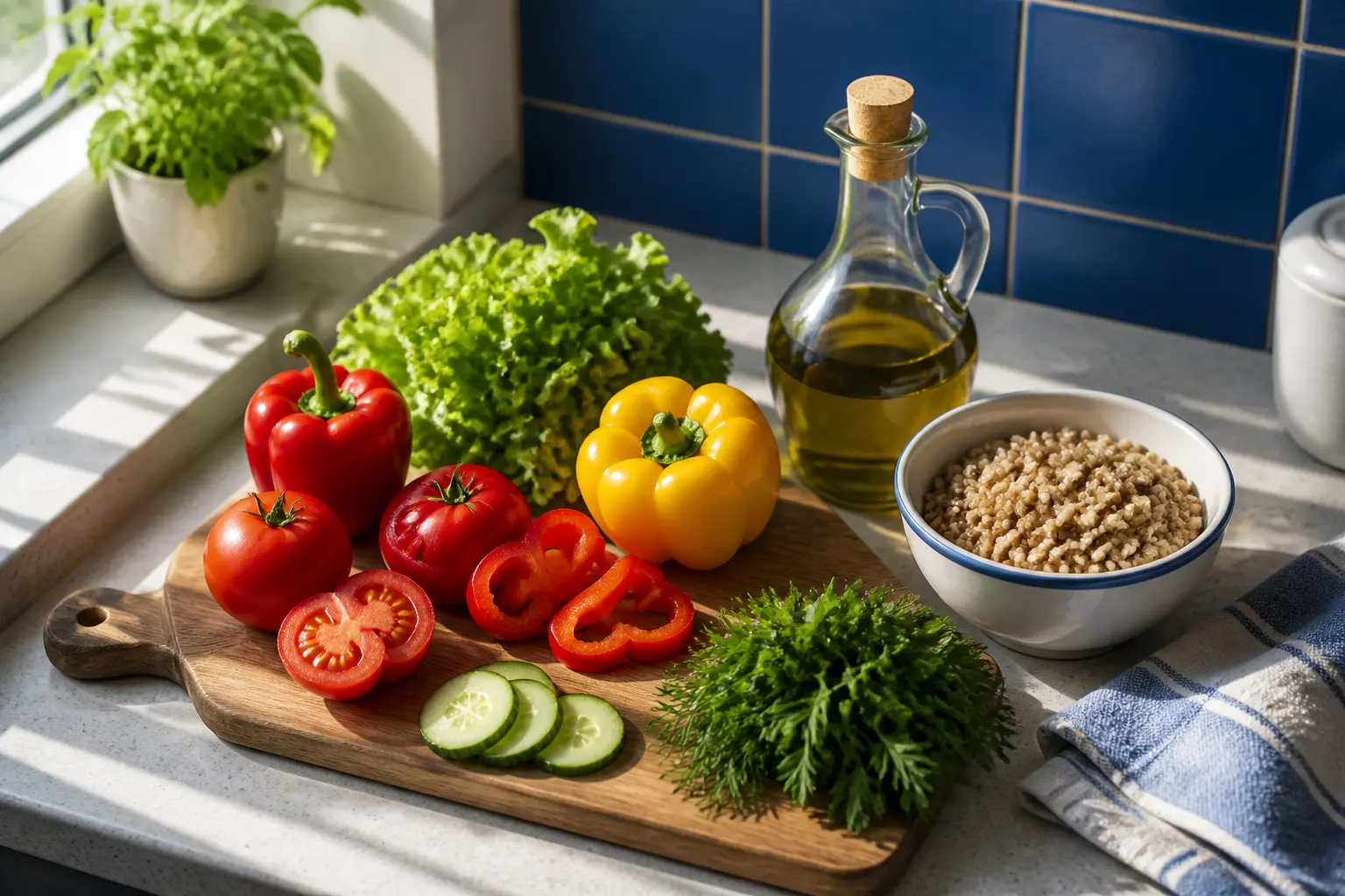Свіжі овочі, оливкова олія та цільнозернові продукти на кухонному столі