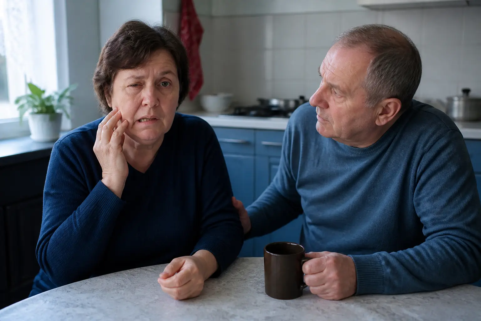 Жінка з асиметрією обличчя намагається говорити