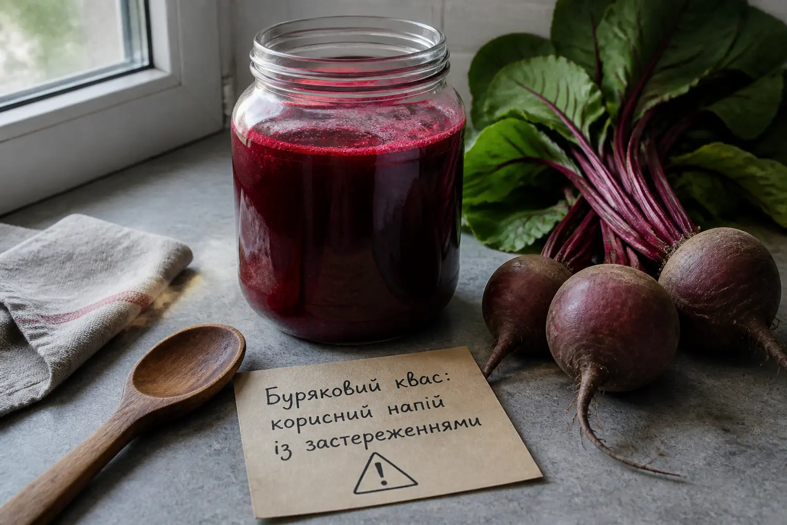 Буряковий квас у банці та свіжі буряки на кухонному столі