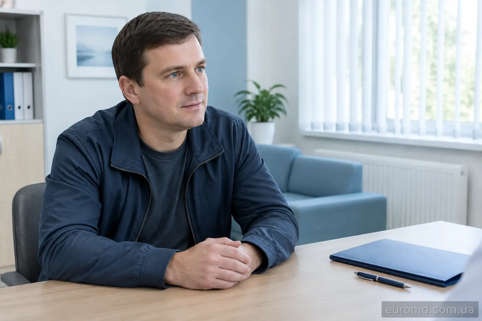 Розмова пацієнта з лікарем у консультаційному кабінеті клініки