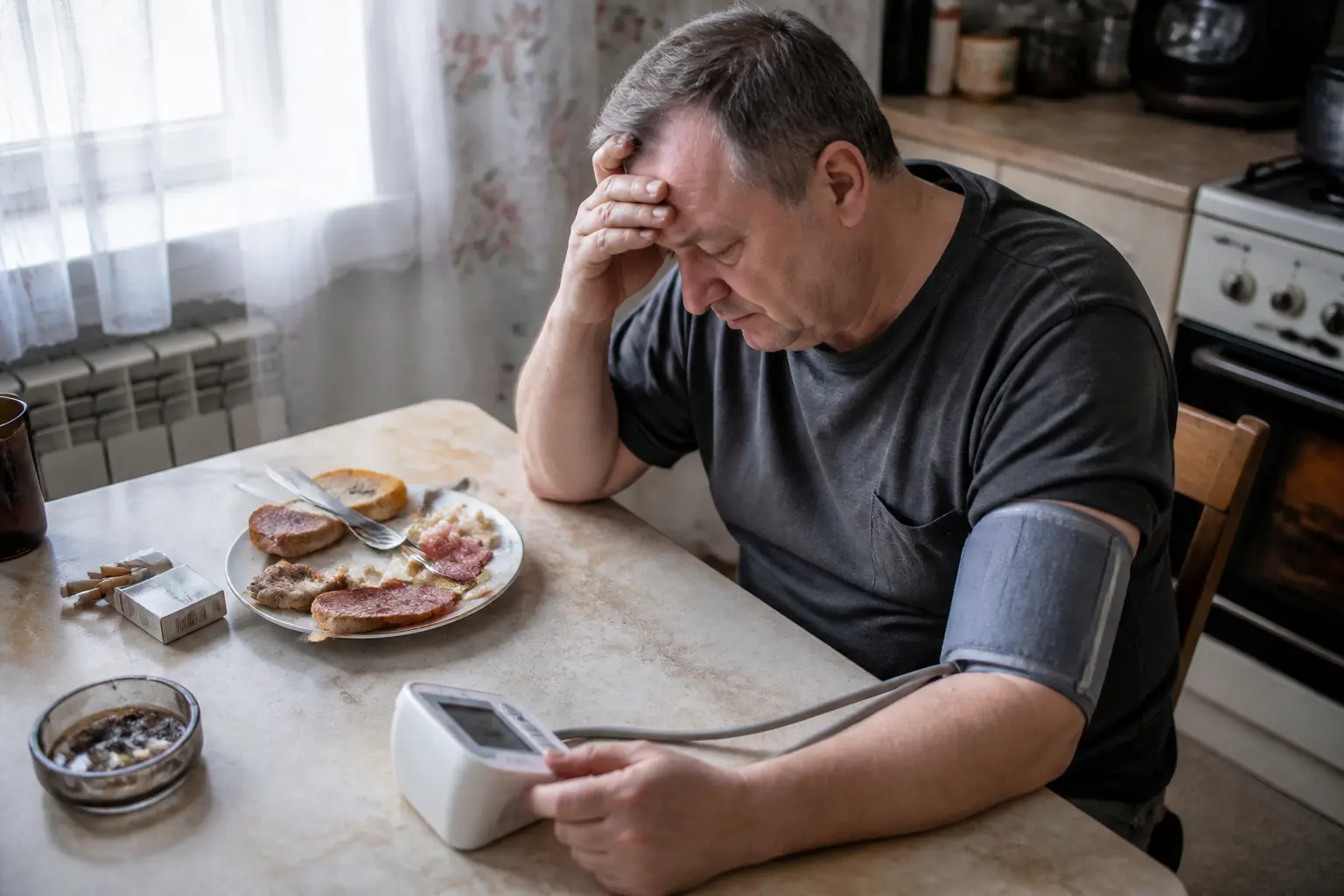 Чоловік вимірює тиск після неправильного харчування та куріння — фактори ризику мікроінсульту