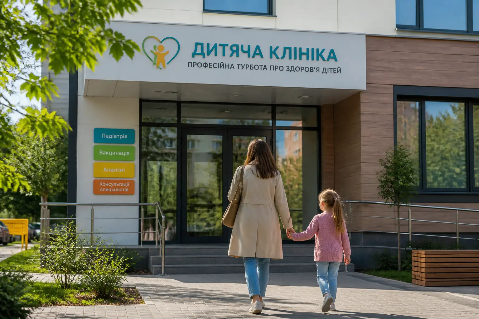 Вхід до дитячої клініки: батьки з дитиною йдуть на консультацію