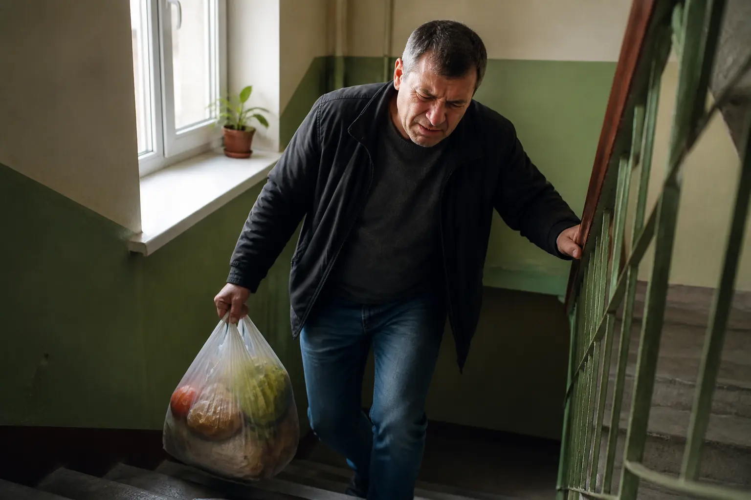 Чоловік піднімається сходами з важкими сумками, що може спровокувати напад стенокардії
