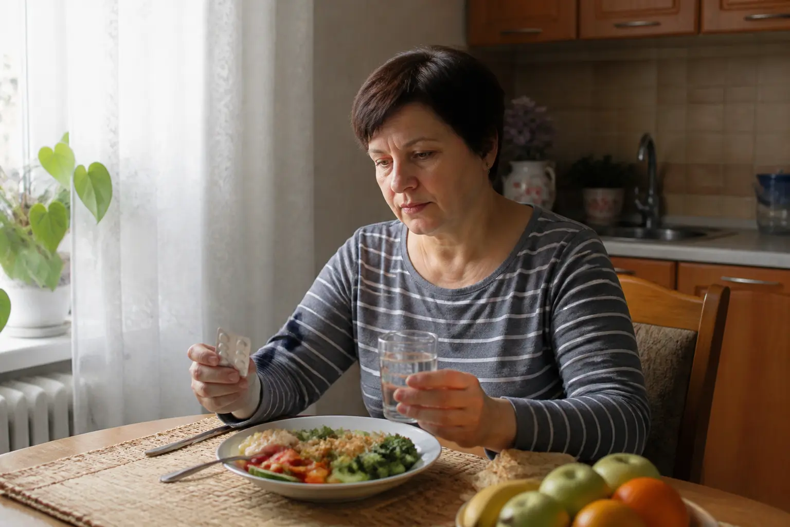 Жінка вдома тримає ліки та планує дієтичне харчування при лікуванні цирозу
