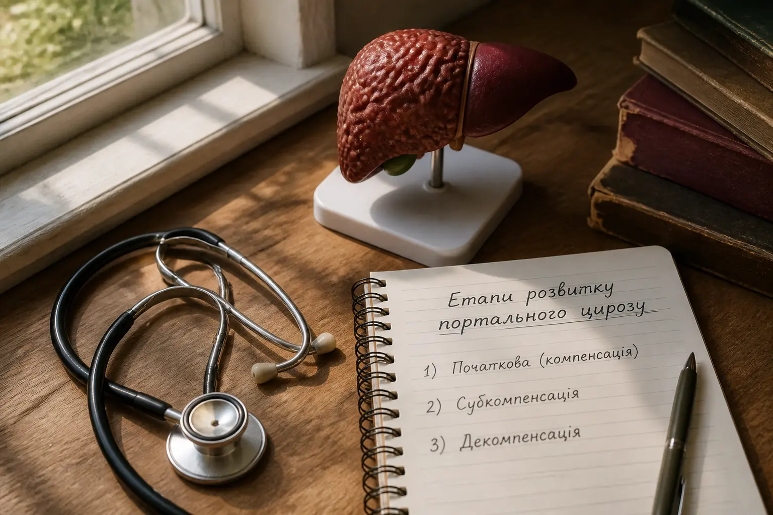 Стетоскоп, модель печінки та нотатки про стадії цирозу