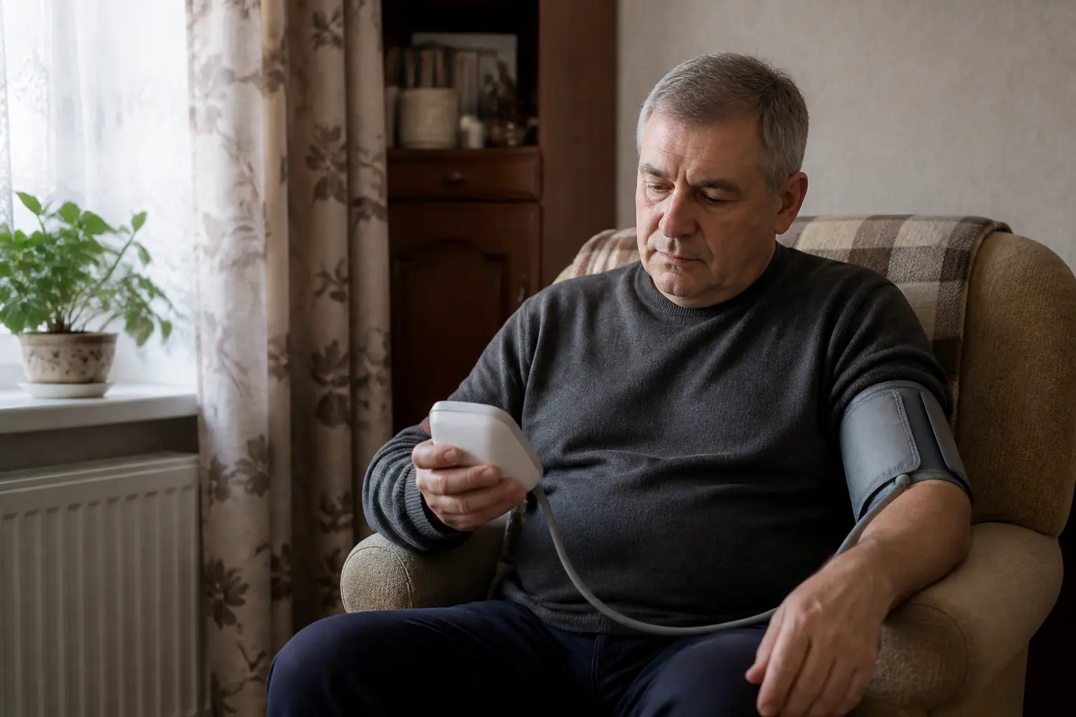 Чоловік вимірює артеріальний тиск вдома після інсульту