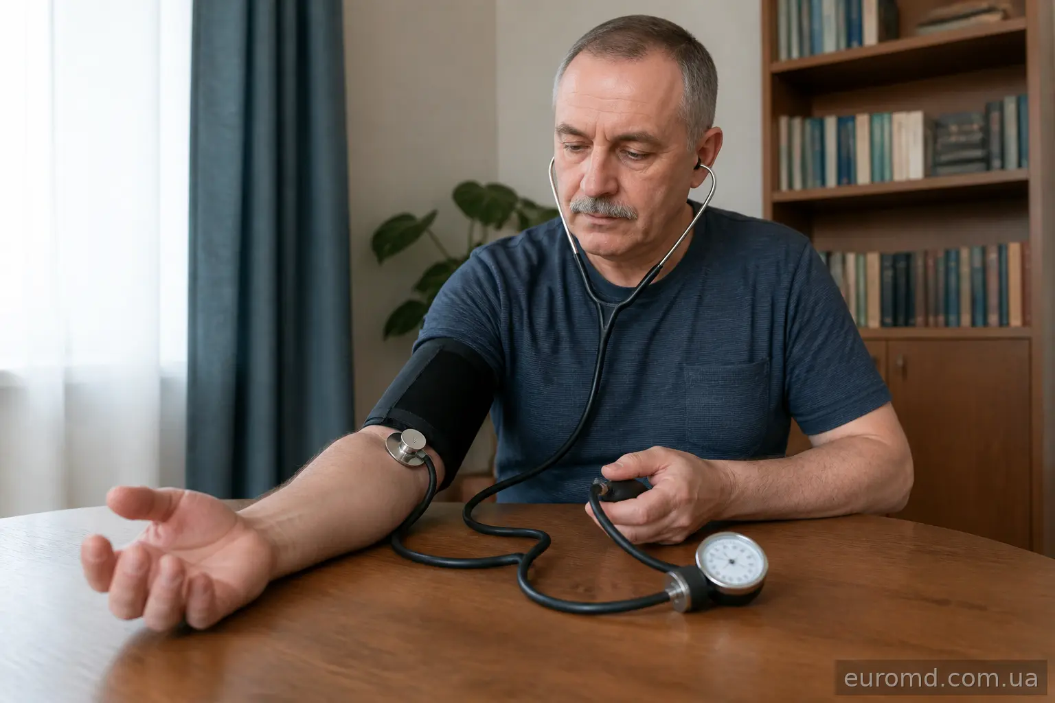 Чоловік вимірює артеріальний тиск механічним тонометром, слухаючи пульс фонендоскопом