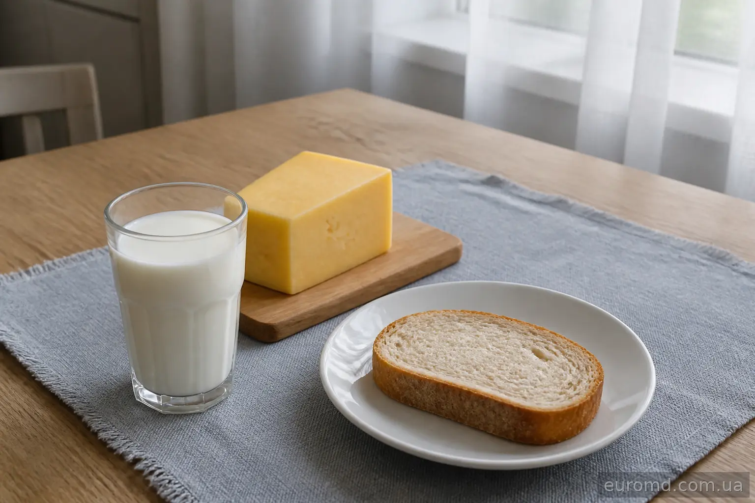 Склянка молока та молочні продукти на кухонному столі