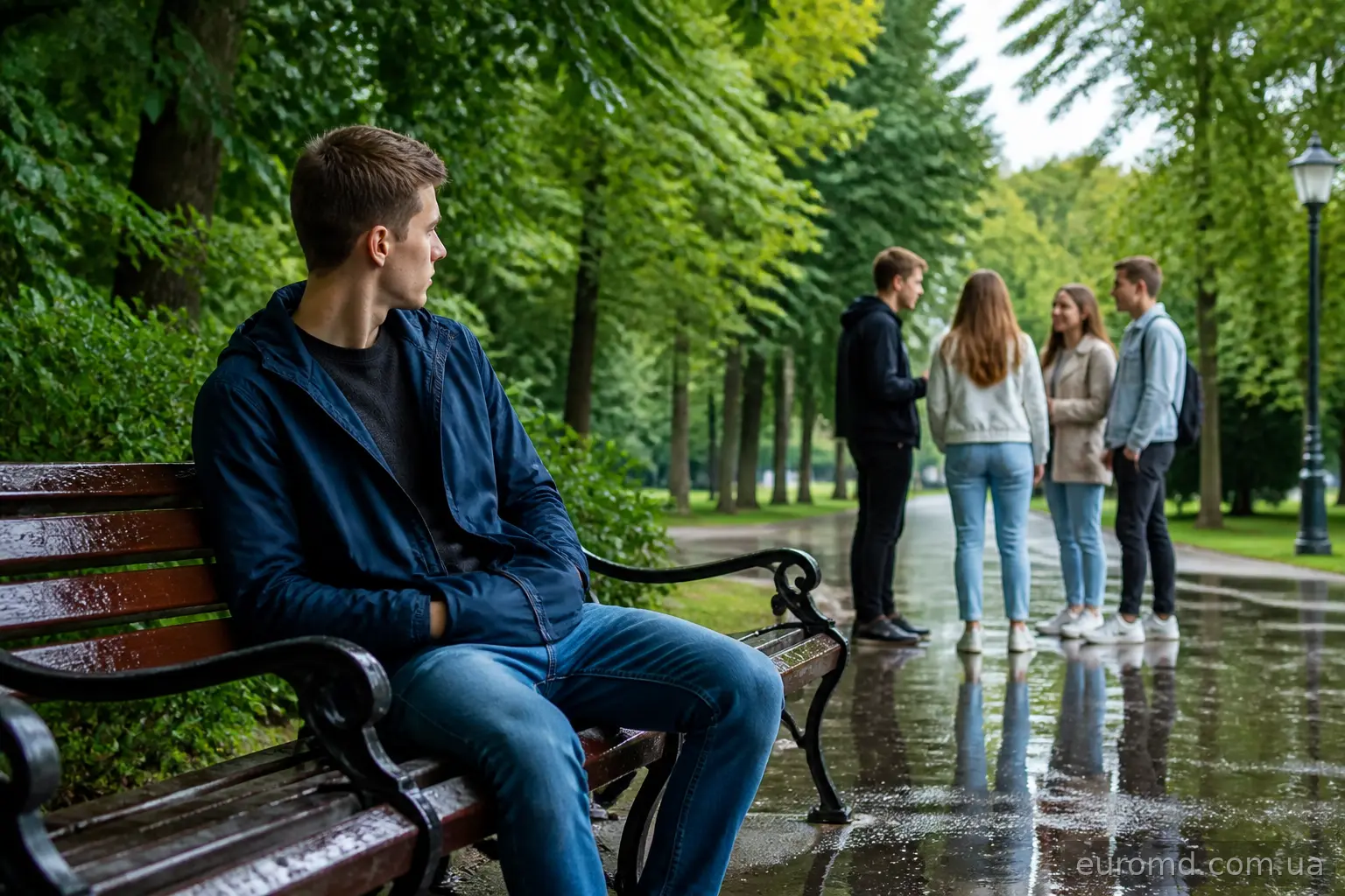 Молода людина на самоті в парку, уникає спілкування