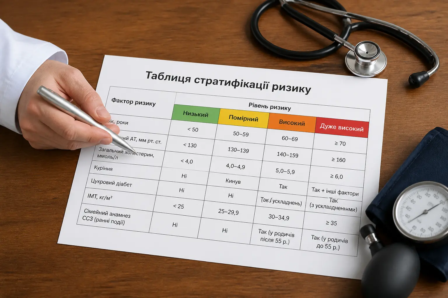 Рука лікаря вказує на таблицю стратифікації ризику гіпертонії