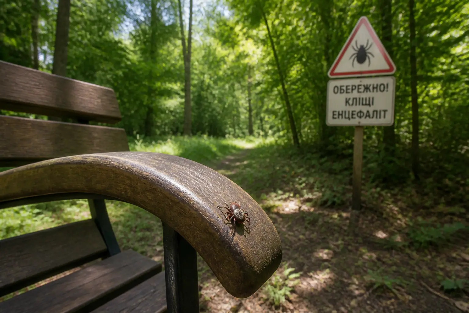 Лісова галявина з лавкою, на підлокітнику якої повзе іксодовий кліщ, поруч попереджувальний знак