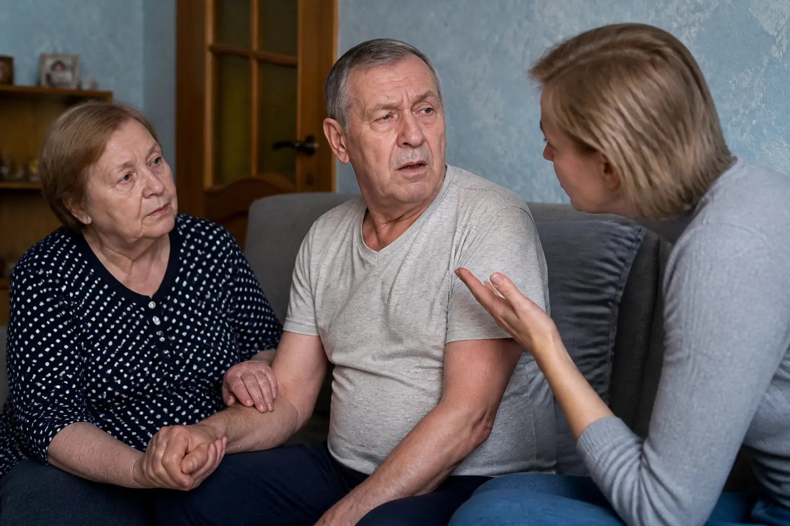 Літня пара у вітальні, жінка тримає чоловіка за руку, помічаючи асиметрію обличчя