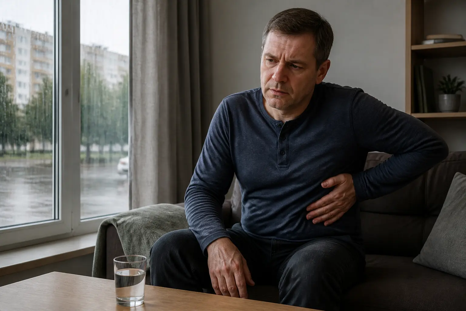 Чоловік вдома відчуває дискомфорт у правому підребер'ї, що може бути симптомом цирозу