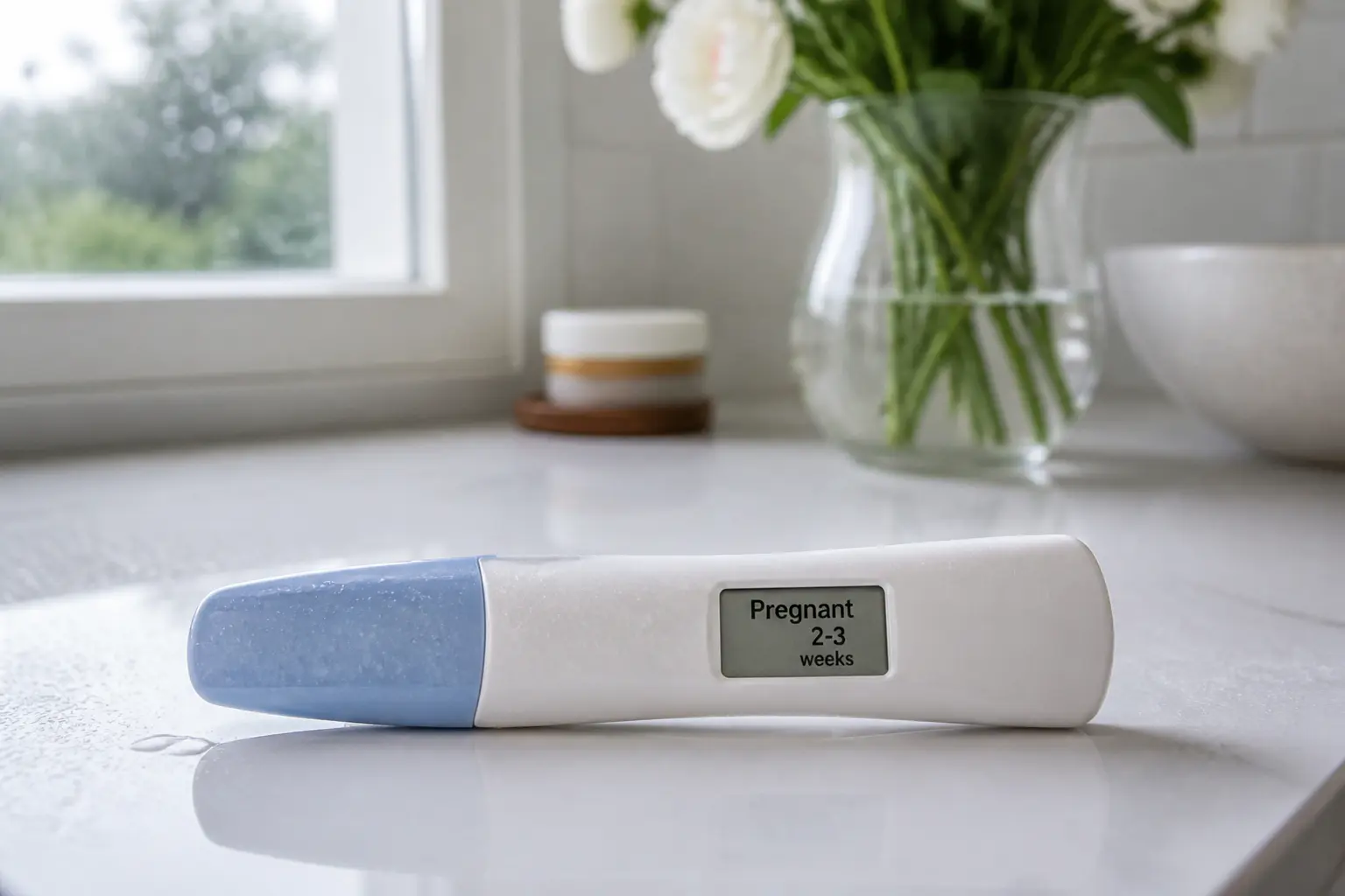 Дисплей електронного тесту з написом Pregnant та терміном вагітності