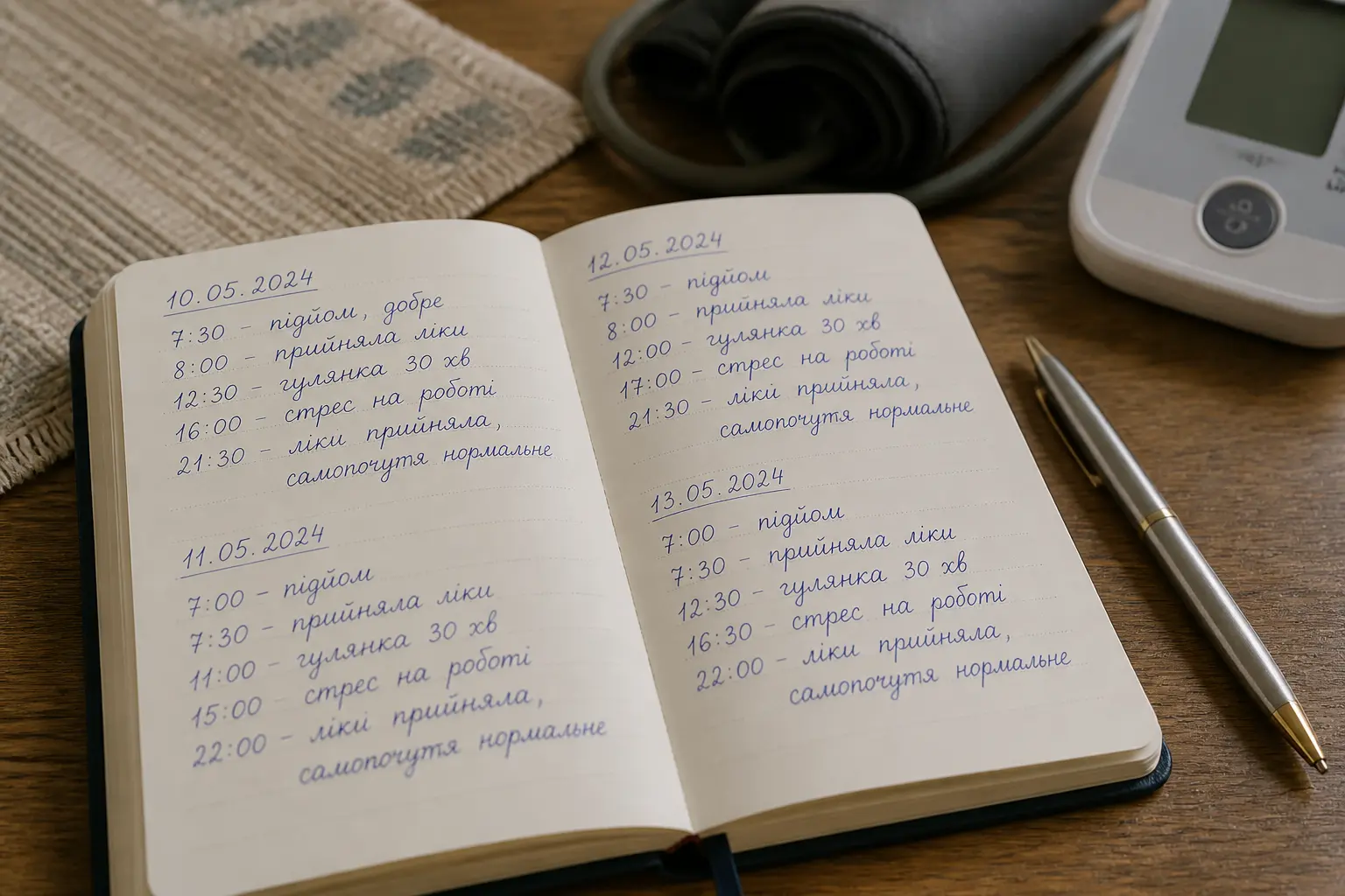 Відкритий щоденник пацієнта з рукописними записами про активність і самопочуття під час моніторування тиску