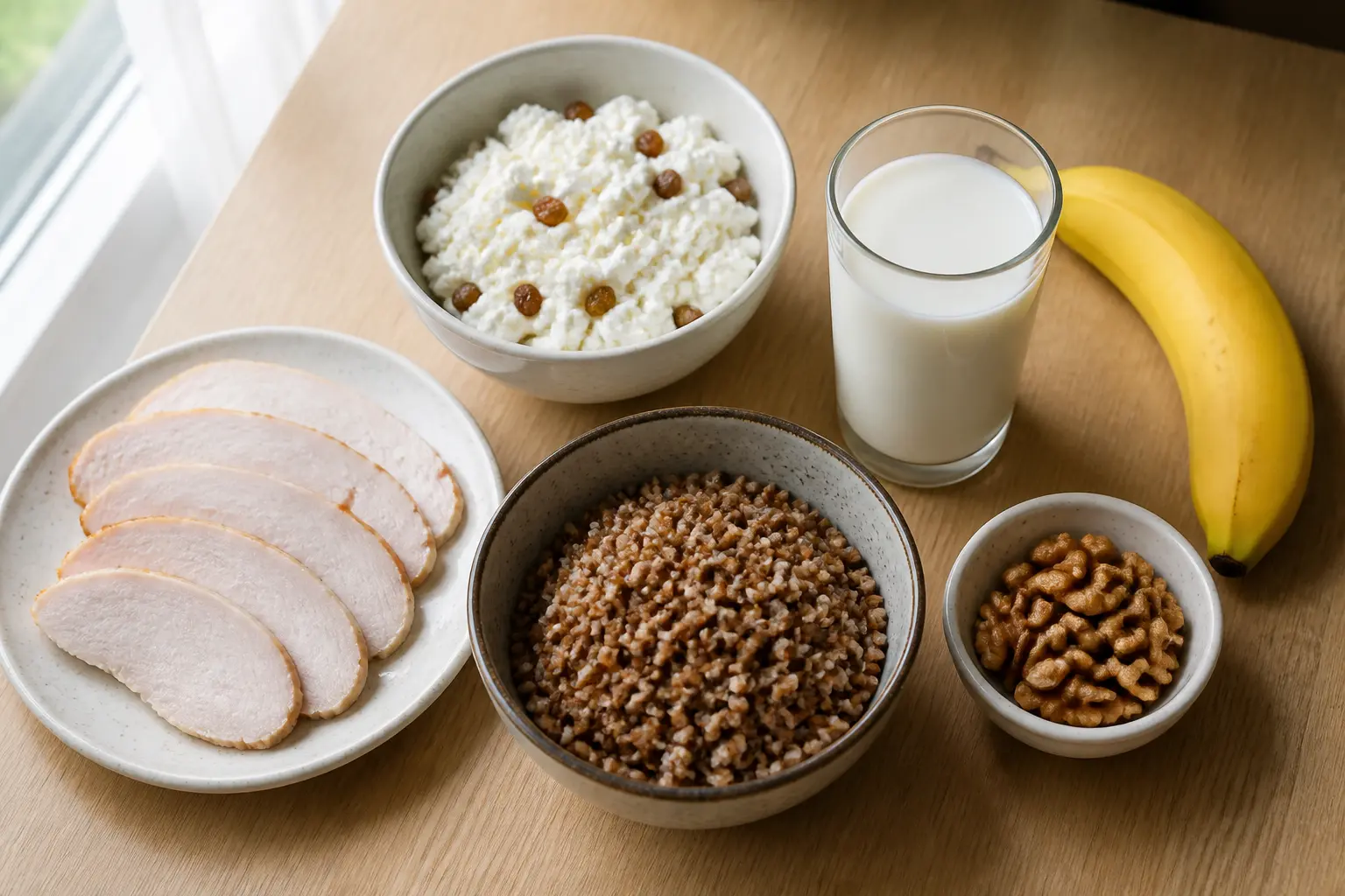 Корисні продукти для відновлення при анорексії: сир, м'ясо, горіхи, банан