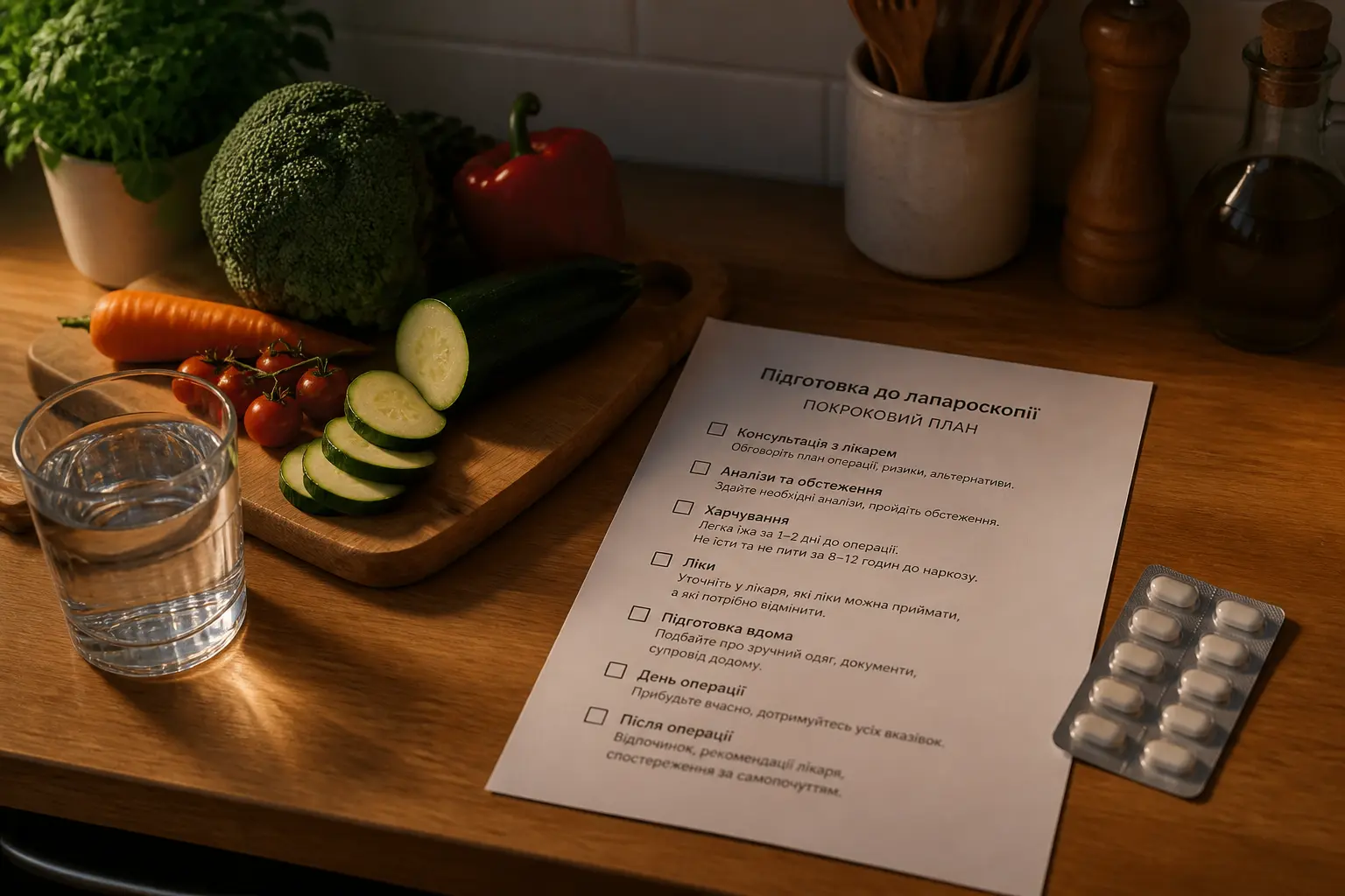 Продукти та список підготовки до лапароскопії на кухонному столі
