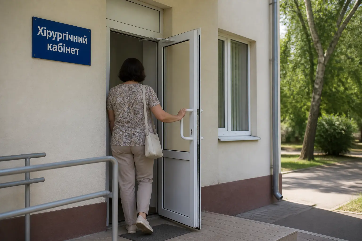 Вхід до хірургічного кабінету — пацієнтка звертається по допомогу при підозрі на постін’єкційний абсцес