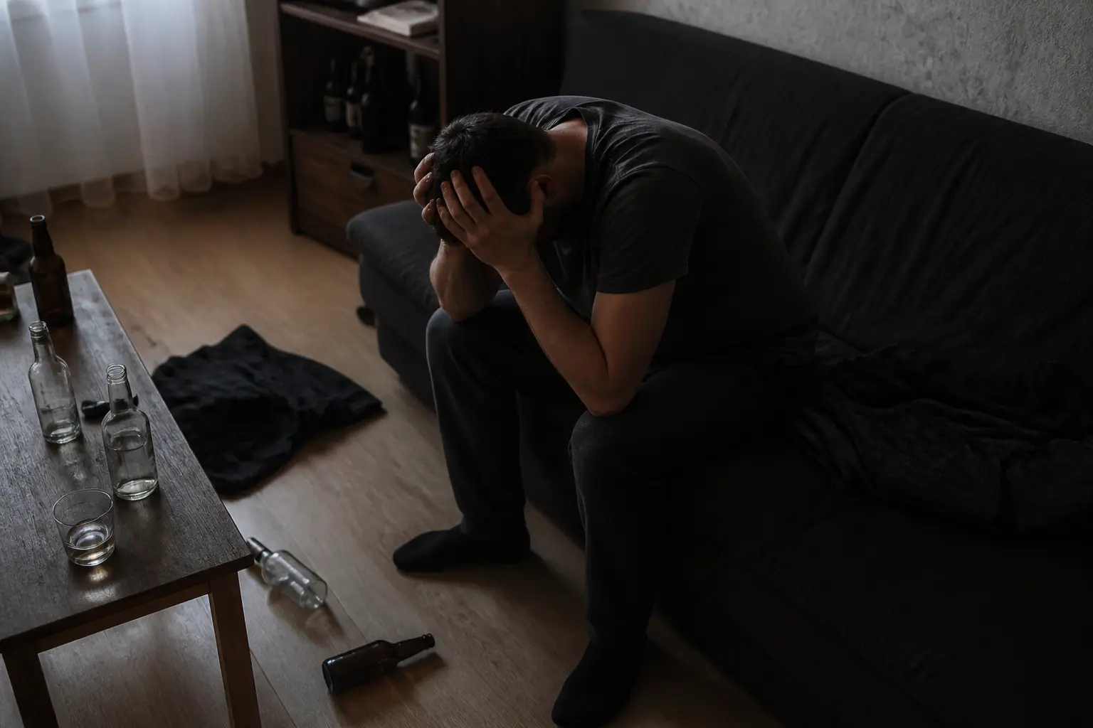 Чоловік сидить на дивані, тримаючись за голову, поруч порожні пляшки