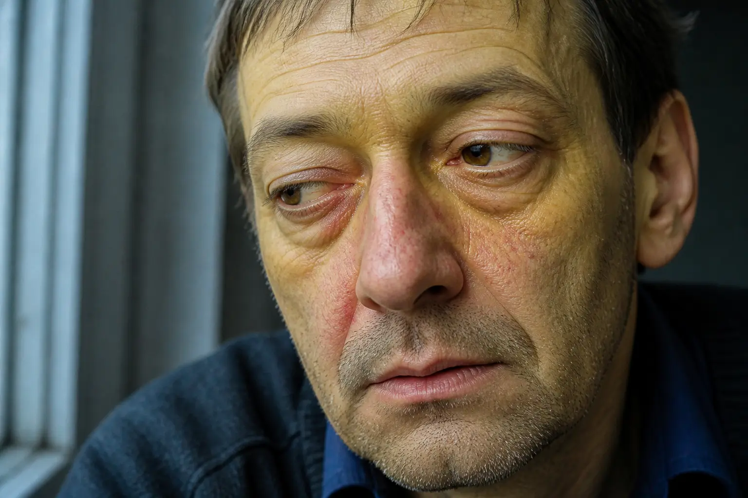 Обличчя з ознаками хронічного алкоголізму: набряки, судинні зірочки, жовтуватий відтінок шкіри